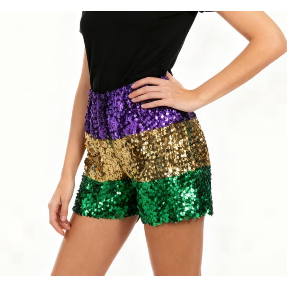 Sequin High Waist Shorts - Purple, Gold, Green - Picture 2 of 5